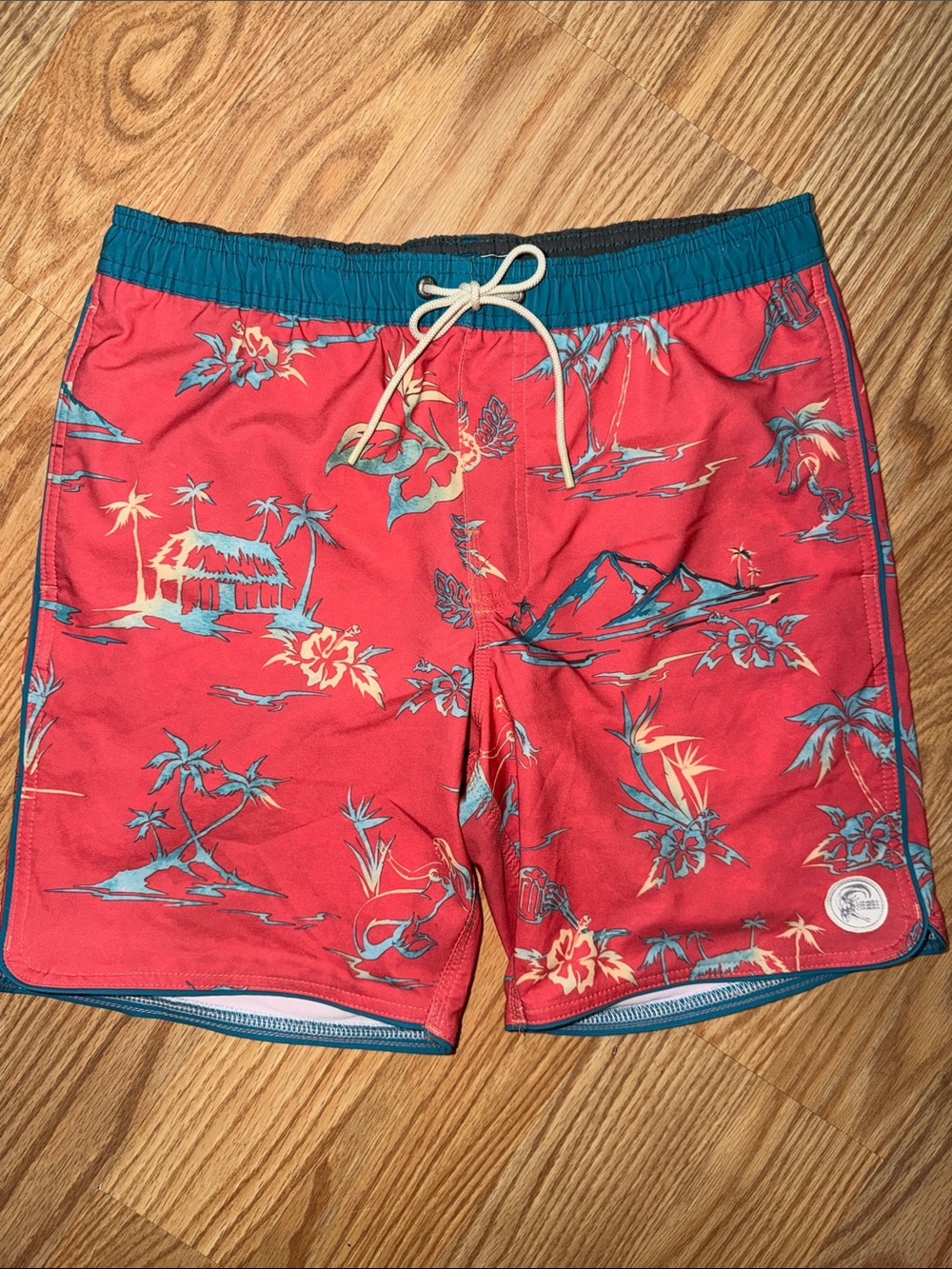 O'Neill Red Tropical Swim Board Shorts with Teal Trim